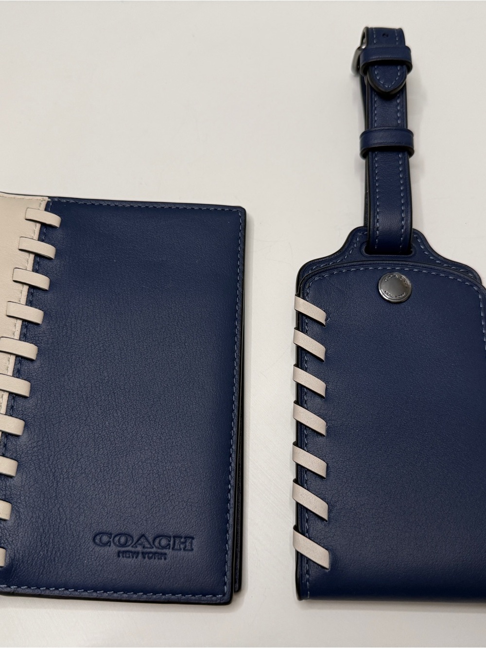 COACH Whipstitch Navy and Chalk Leather Passport Holder and Luggage Tag Set